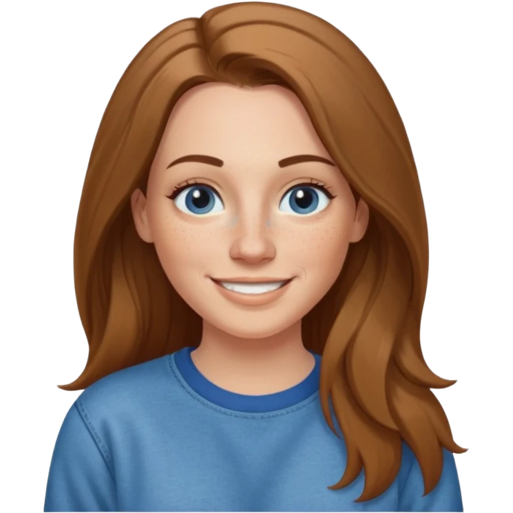 A 38 year old white woman with long brunette hair parted in the middle. She has a nose ring. She has freckles and is wearing a sweatshirt and jeans smiling emoji