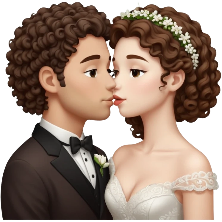 A couple kissing, the man would be white-skinned, mid fade-curly, brown-hair. The serious woman with white skin, long hair and brown color emoji