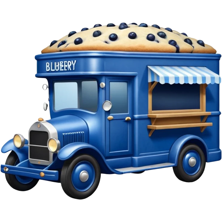 shiny crushed-dark-blue crystal-bodied frozen blueberry muffin pie 1912 antique long-wheelbase cab over durable-looking low rider moving truck food truck  emoji