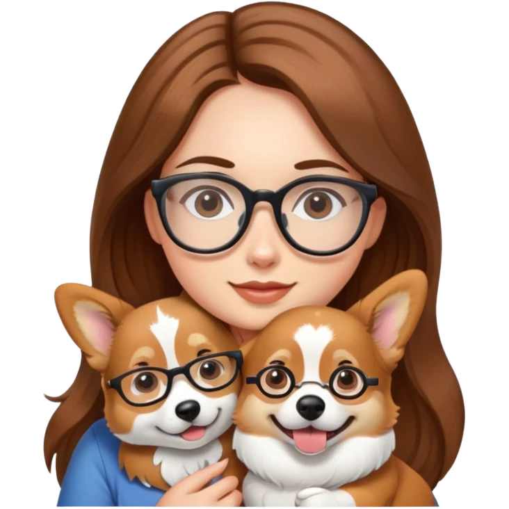 A girl with long brown hair and glasses holding a corgi emoji