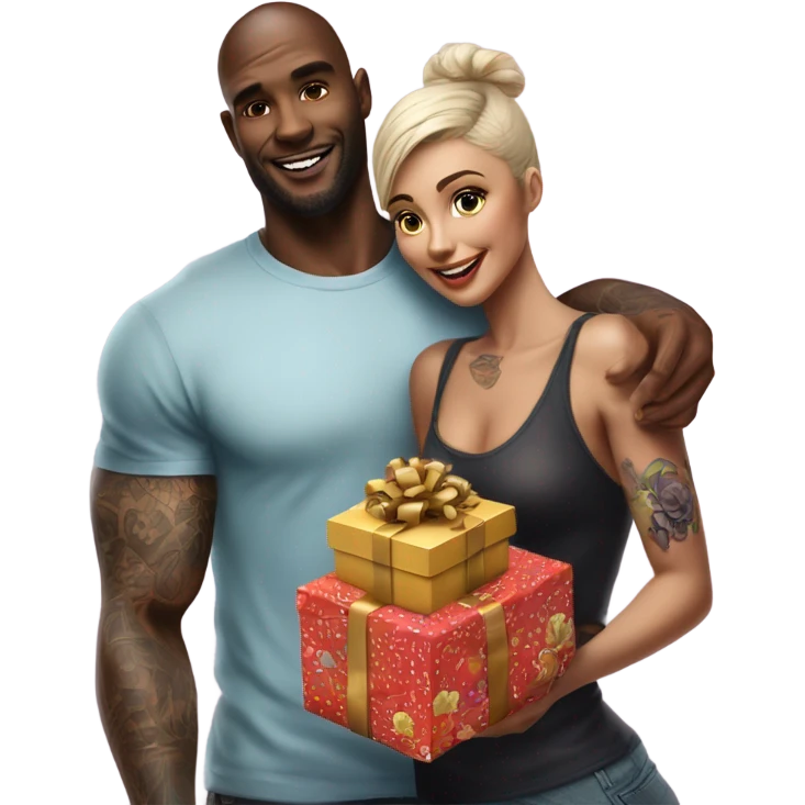 Hyper Realistic beautiful woman receiving a gift and a box of chocolates from a handsome tattooed man  emoji