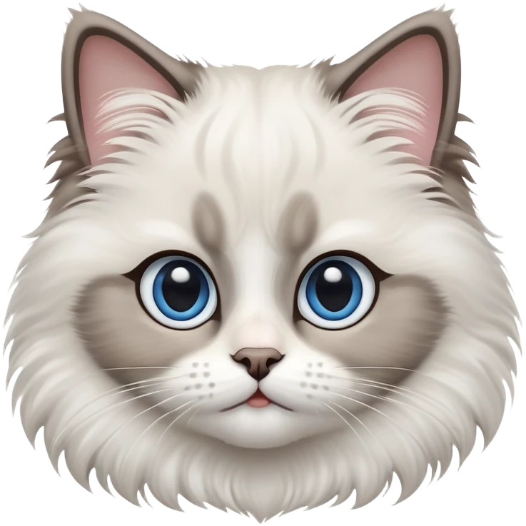 cinematic-adorable-big-eyed-fluffy-ragdoll-cat-portrait-emoji,-head-tilted-playfully-with-a-sweet-expression,-fluffy-white and grey-fur,-simplified-yet-irresistibly-cute-features-with-large,-expression, Large blue eyes emoji