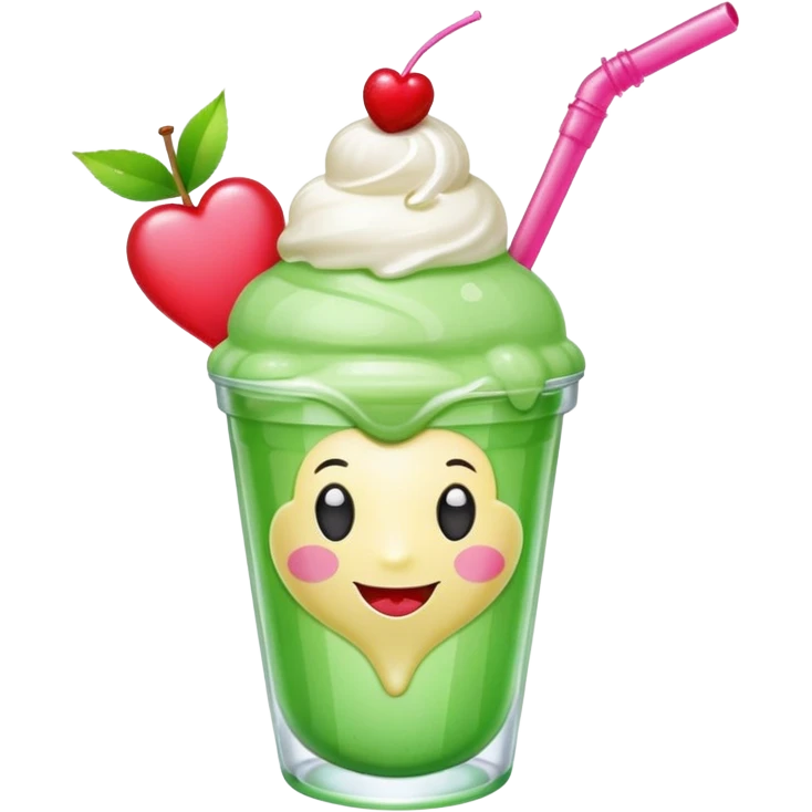 Create an emoji with a clear rounded glass, bright transparent green soda, vanilla ice cream scoop, two red cherries, pink heart-shaped straw, simple shapes, bright colors, glossy, kawaii style, centered, transparent background
 emoji