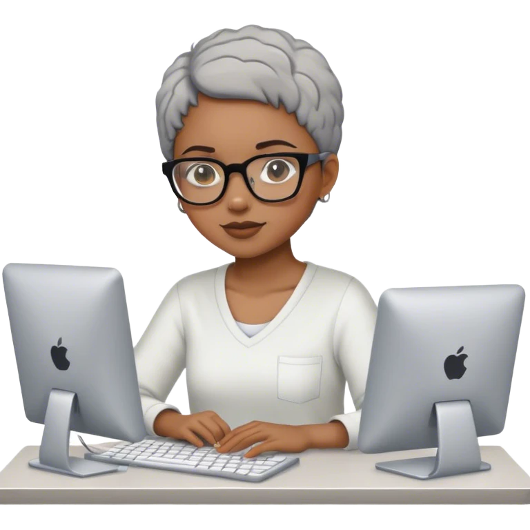 Light skinned Black girl with glasses short natural gray haircut working on computer emoji