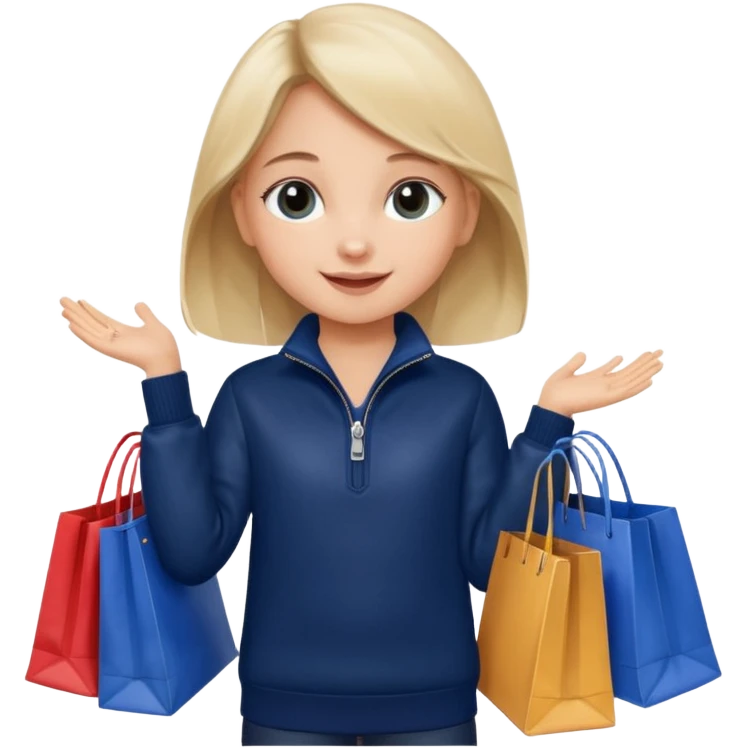 A little girl (he usually calls her baby), who is obsessed with shopping and luxury brands and holds a dozen of bags, she wears navy blue half zip sweater and holds 10 bags emoji