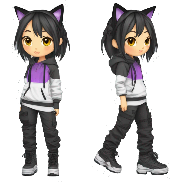 Edgy cool shy colorful Asian urban beautiful pretty anime punk tomboy-lady with cat ears techwear cargo pants hoodie collar  emoji