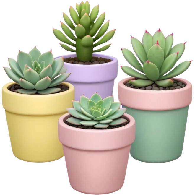 A pastel pink ceramic pot with a sedum succulent, a pastel green ceramic pot with a graptopetalum succulent, a pastel yellow ceramic pot with an echeveria succulent, and a pastel purple ceramic pot with a flowering cactus. All are cylindrical and placed separately on the floor. emoji