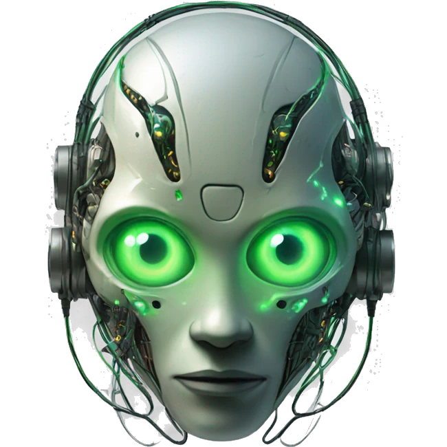 Round Alien cyborg head with glowing wires and green eyes  emoji