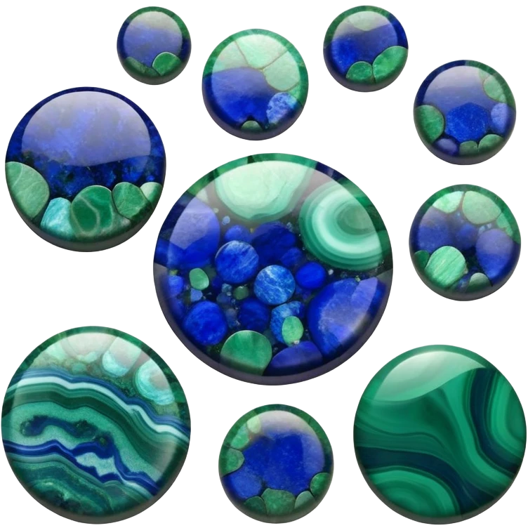 Round cabochon gemstone with blue azurite and green malachite mixed patterns and high polish emoji