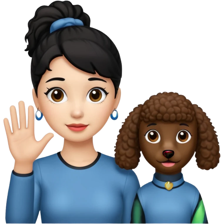 Ponytail black hair girl with brown Poodle say goodbye  emoji