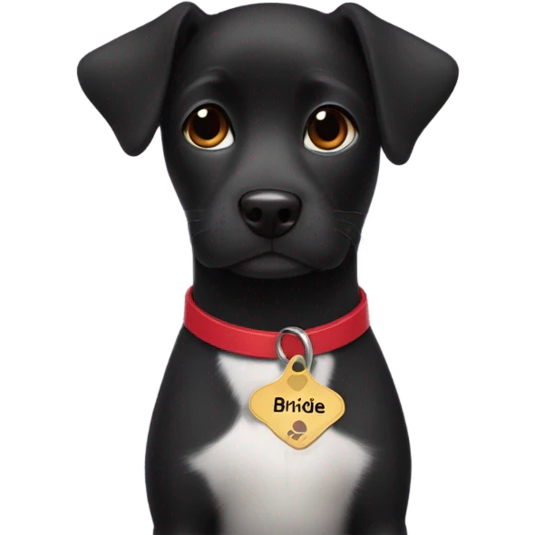 Black small wearing wearing a red collar with a name tag that says birdie  emoji