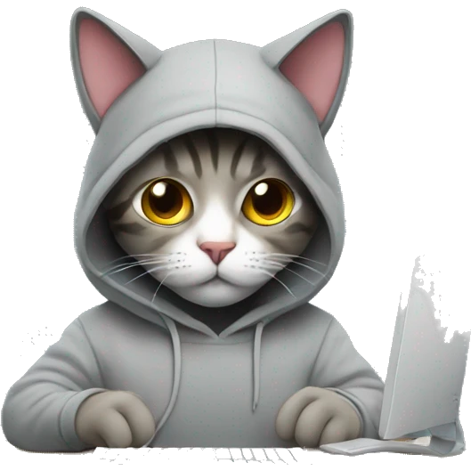 cat is a graphic designer in a hoodie and headphones, working at a computer in photoshop emoji