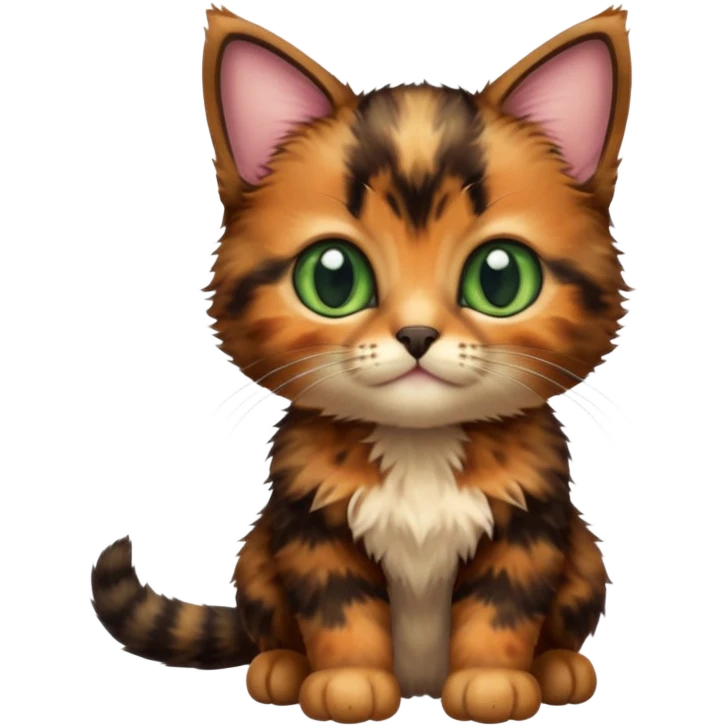 A high-resolution photo-realistic digital illustration of a brown multicoloured  tortoiseshell kitten, chest upward emoji