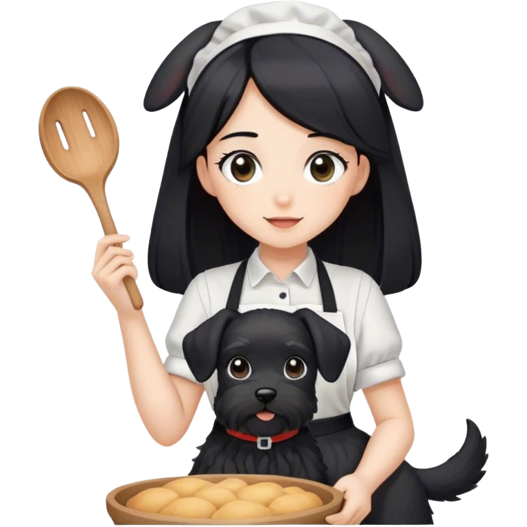 pale girl with long black hair wearing black long shirt wearing apron and baking holding black floppy ear schnauzer emoji
