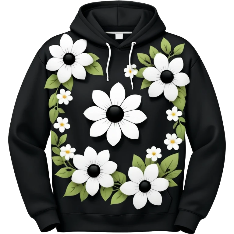 The BLACK Hoodie features a black base with distinctive white and black  open flower spots with empty space in the middle, These hollow ring-like patterns are scattered across. BLACK AND WHITE FLOWERS SPACED OUT FLOWERS, AND ONLY A FEW FLOWERS AND NO DOTS, NO VINES, NO LEAVES emoji