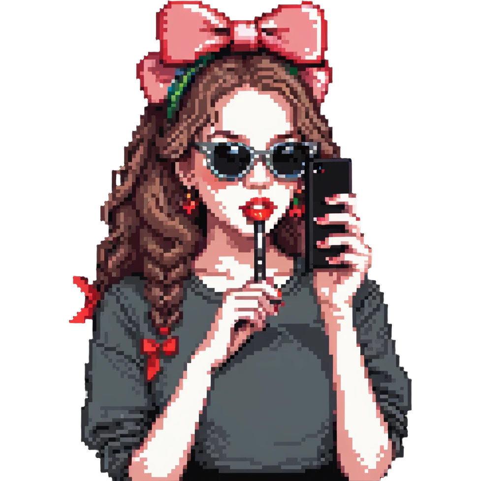 Girl with huge lips, sunglasses, bow on her hair, holding a phone with attitude emoji