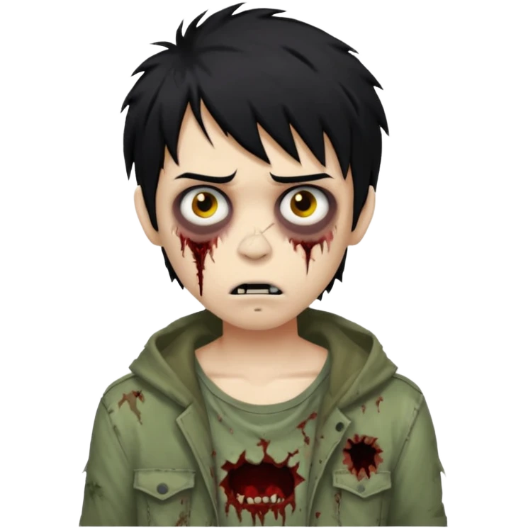Boy, zombie, black hair, medium, emo, shaggy, dark, spooky, creepy expression emoji