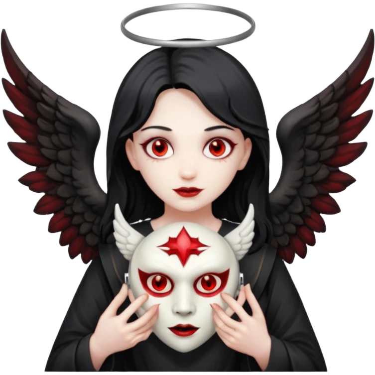 a demon taking the angel maask of his face emoji
