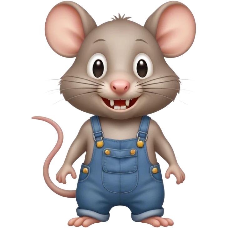cartoonish hillbilly rat wearing overalls no shirt standing and talking. human eyes. teeth showing emoji
