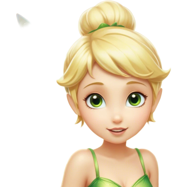 Cinematic Realistic Blonde Tinker Bell Fairy Portrait, head tilted playfully and inquisitively, showcasing a delicate pixie form with finely detailed, golden blonde hair and softly glowing, translucent wings that catch the light with a cascade of fairy dust. Her bright, curious eyes sparkle with mischief and wonder, rendered with lifelike clarity and warm, gentle lighting that captures the essence of a spirited, charming fairy ready to flutter playfully into your heart. emoji