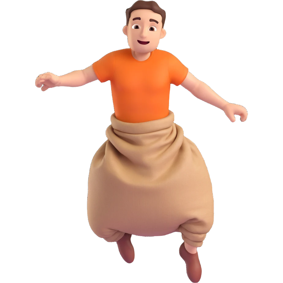 a man with both legs inside of a sack up to the waist, jumping, realistic, dynamic pose, 3D style emoji