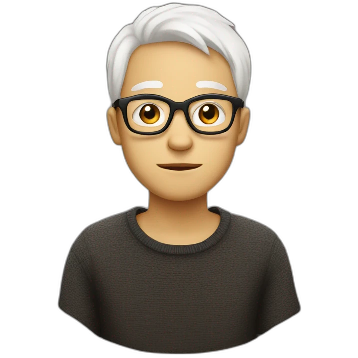thin white teenager with white hair.  He is cross-eyed and wears black glasses.  he has a triangular shaped head.  he's also wearing a brown sweater emoji
