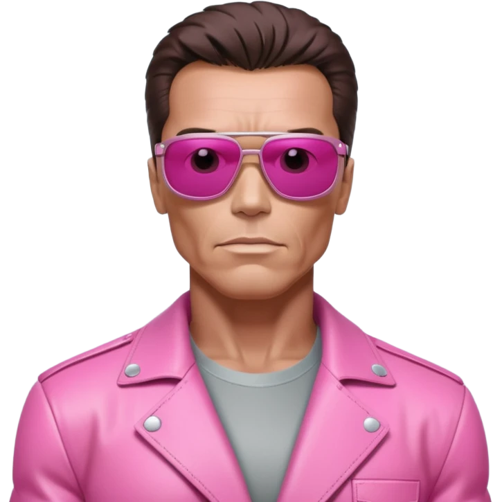 Schwarzenegger-like Terminator, upper body only, wearing his iconic clothes in pink (all clothes must be pink), looking more human with minimal robotic details, and wearing dark sunglasses, hair must be dark emoji