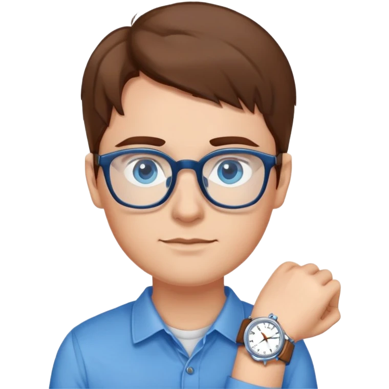 person with brown hair, blue eyes, glasses, wearing a blue shirt and a watch emoji