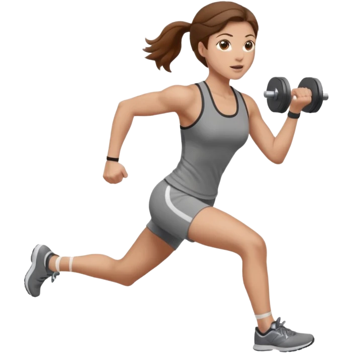 one women running and lifting weights. brown hair, light skin, hazel eyes. emoji