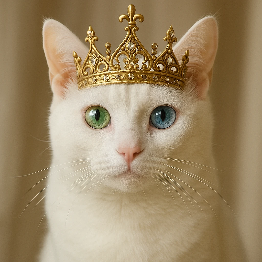 realistic white cat with one green eye and one blue eye, wearing a princess crown emoji