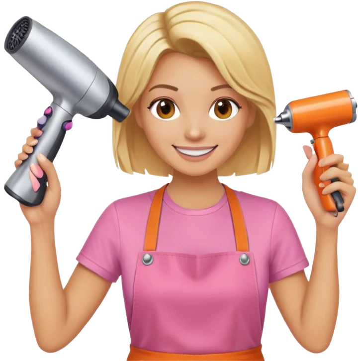 blonde female hairstylist smiling, pink t-shirt, orange apron, holding scissors and hairdryer with hands raised emoji