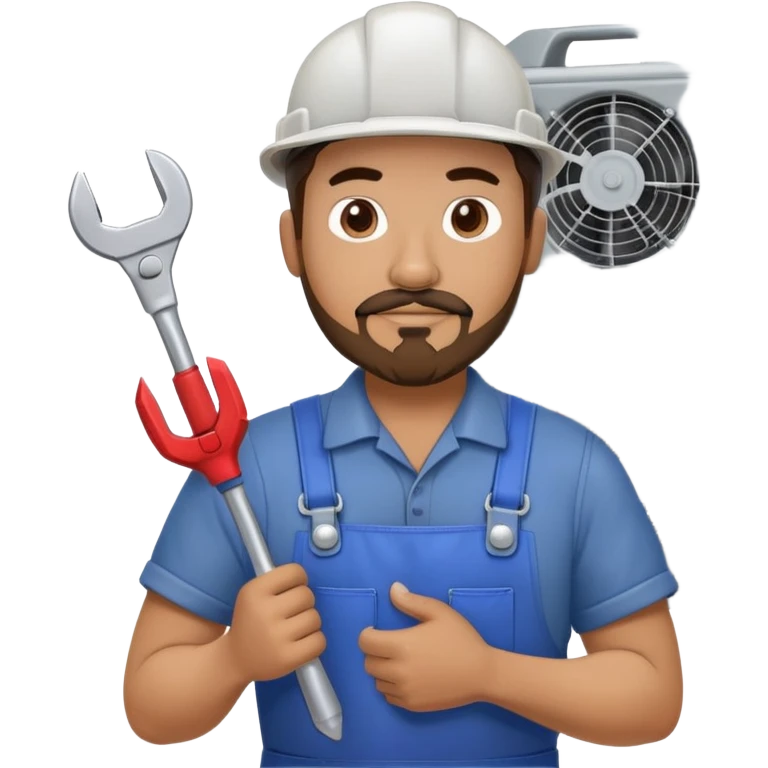 Hispanic HVAC technician with goatee beard as an action figure logo holding HVAC tools in his hands emoji