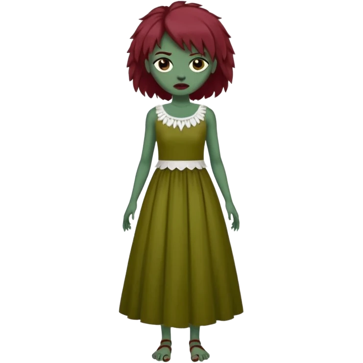 Faça uma garota com pele verde e que seja zombie, que tenha cabelo grande da cor vermelho marsala e que tenha uma franja e que seja liso mais enrolado nas pontas, e que esteja vestindo um sobre tudo(vestido sem alça) da cor branca  emoji