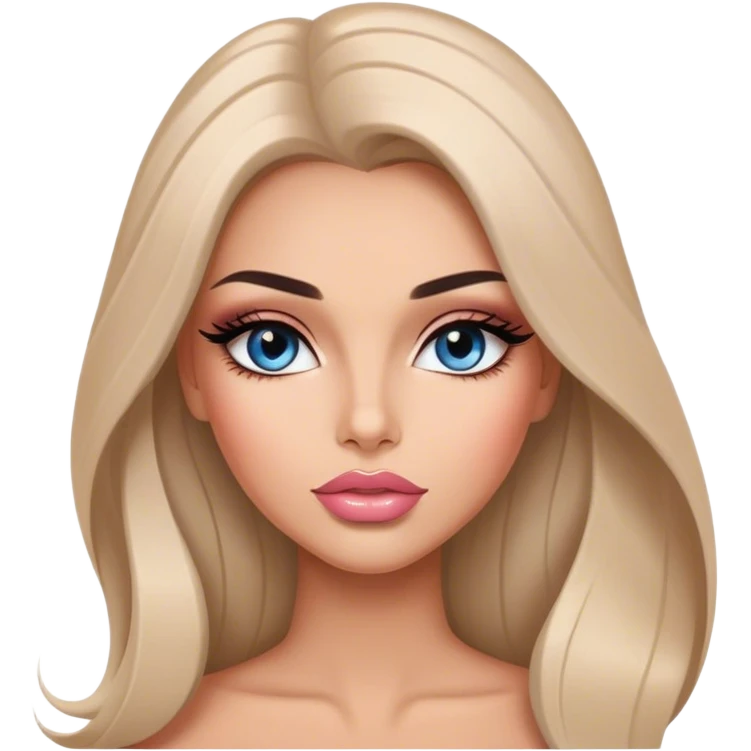 Glamours, tanned, very beautiful girl, with big pump peach-beige-rose lips, long long lashes, black straight smooth silky long hair, straight parting hair, blue-grey eyes emoji