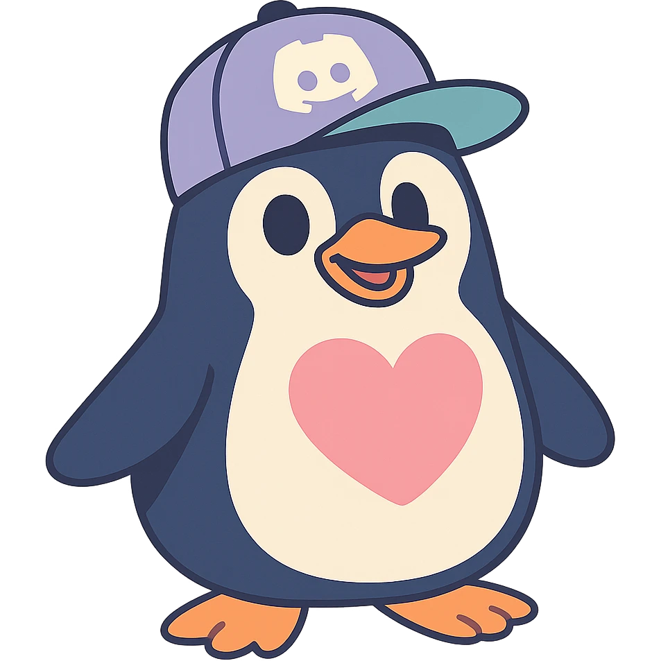 penguin with a Discord hat tilted and a big heart-shaped patch on its chest in pastel-toon style emoji
