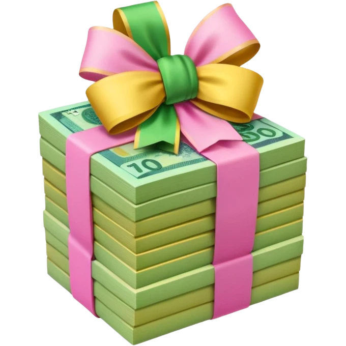 Bright Green & Golden Yellow Gradie ntAustralian $100 notes stacked together and wrapped in a girly pink bow emoji
