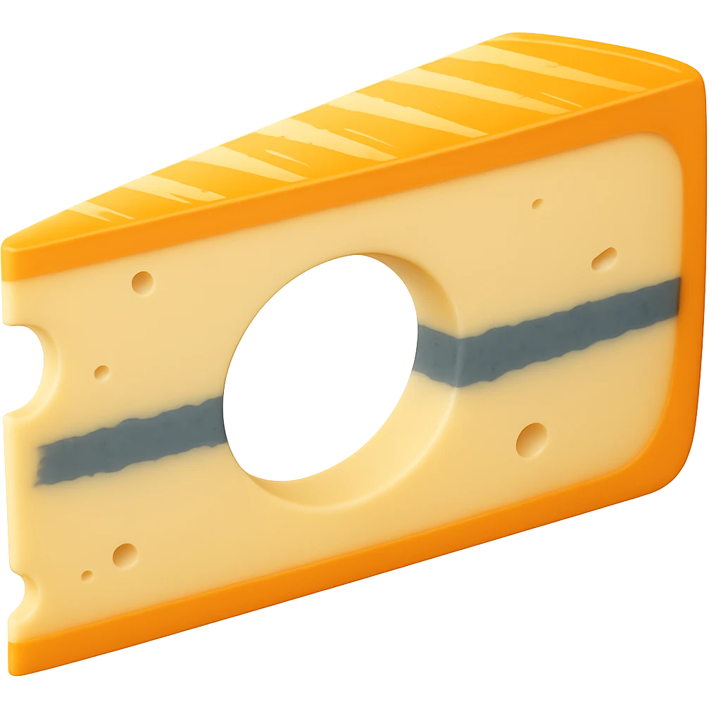 Make the blue-grey ash line in the center of the Morbier cheese wedge noticeably thicker, keeping the rest of the cheese details the same. Maintain the apple emoji style with soft lighting and subtle shadows. Transparent background, emoji scale. emoji