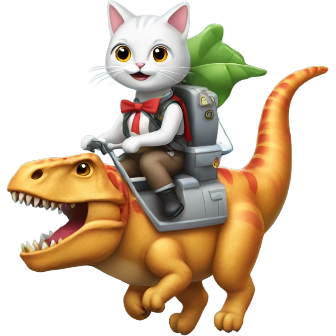 Cat wearing bows riding a dinosaur riding a rocket  emoji