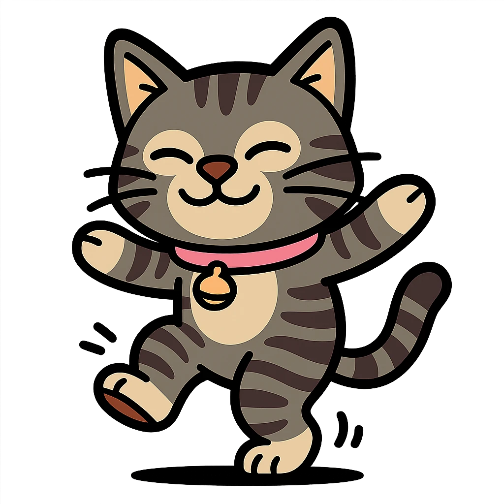 Transform the cat in the photo into a colorful icon with black outlines, dancing and smiling, keeping the cat's characteristics, in a modern style. emoji