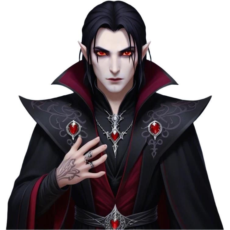 Cinematic Realistic WoW Vampire Mage Portrait, depicted with dark and mysterious elegance, wearing a flowing black robe intricately adorned with arcane silver filigree and esoteric runes. His pallid, almost ethereal skin contrasts with deep crimson, mesmerizing eyes, while his dark, slick hair falls in sleek strands. Rendered with lifelike texture and moody, dramatic lighting, high shine, noble and formidable, capturing the essence of a legendary vampire mage of Azeroth. emoji