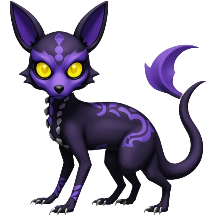 Gothic spooky Scaley Exotic Salandit-Umbreon-Noibat-Fakémon-hybrid-creature (full body), 4 legs, white skull face mask emoji