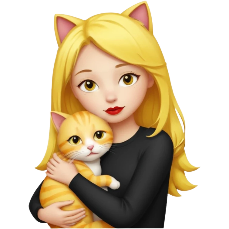 Sarışın elinde kedi olan ve hafif ruj ve rimel sürmüş sarı kedisine sarılan bir kız emoji
