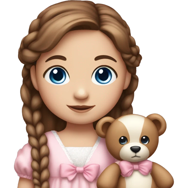 Little Girl with White skin, blue eyes. Long brown hair with two braids and two pink bows in it. She is wearing a pink and White dress, standing and holding on to a teddybear. emoji