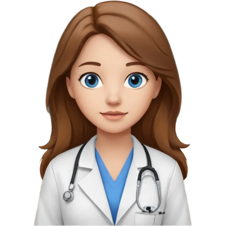 pretty female nursing student with long brown hair, blue eyes inside a classroom at university with blackboard behind her emoji