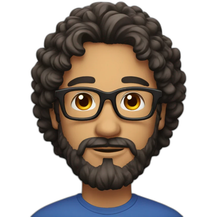 man with beard and long curly dark hair, wearing red square glasses emoji
