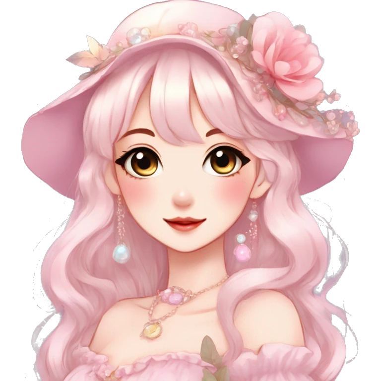 Gorgeous anime style lady with blushing face and accessories cottagecore fairycore Kawaii anime colorful pearly romantic aesthetic trending style emoji
