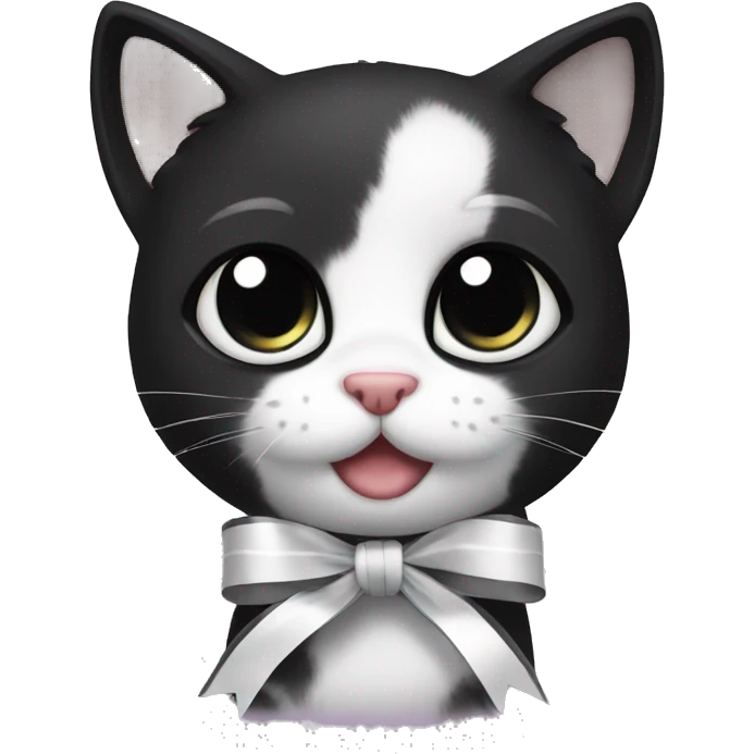 black kitten with black eyes and white ribbons, cute emoji