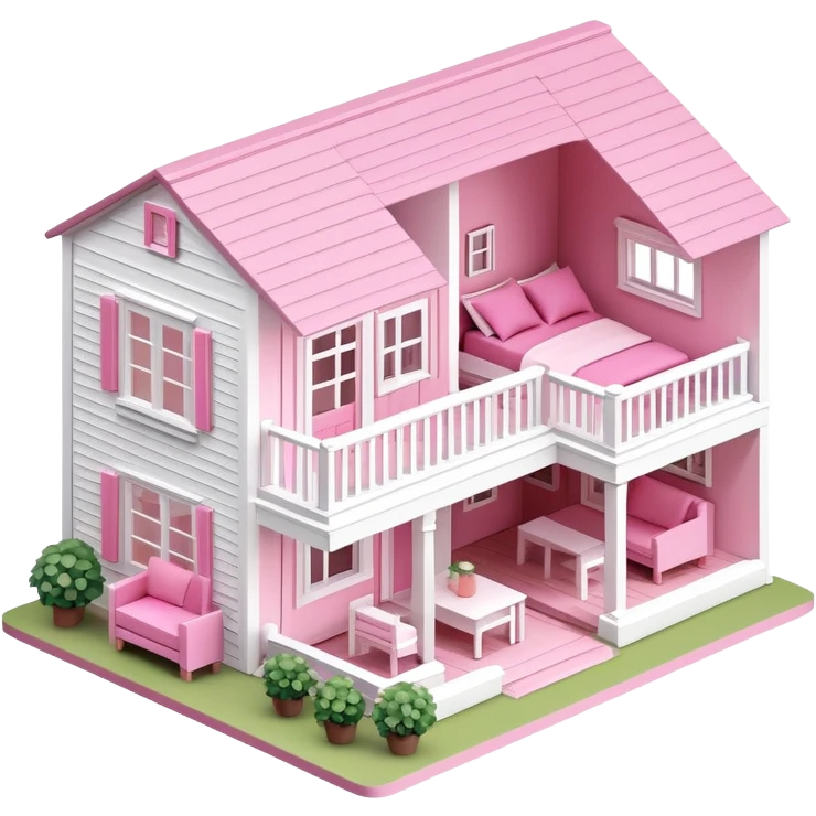 modern farmhouse dollhouse, 3d isometric, pink and white emoji