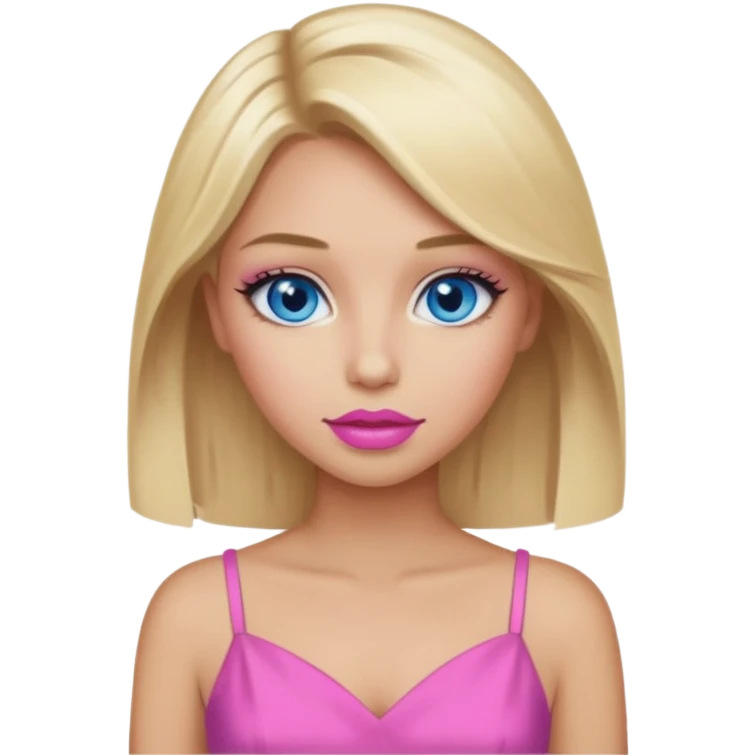 Girl with blonde hair, blue eyes, pink lipstick and tan skin wearng makup and a pink dress emoji