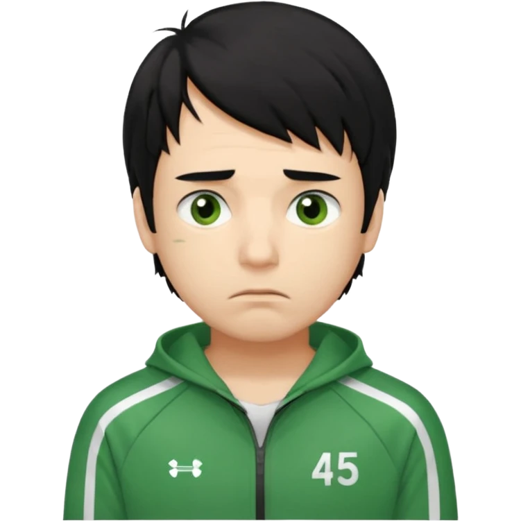 squid game player 456
Hair: Messy, medium-length black hair 🖤💇‍♂️
Face: Tired eyes, often anxious or nervous look 😟👀
Clothes: Green tracksuit with white stripes 🟢👟 (number 456 on his chest)


 emoji